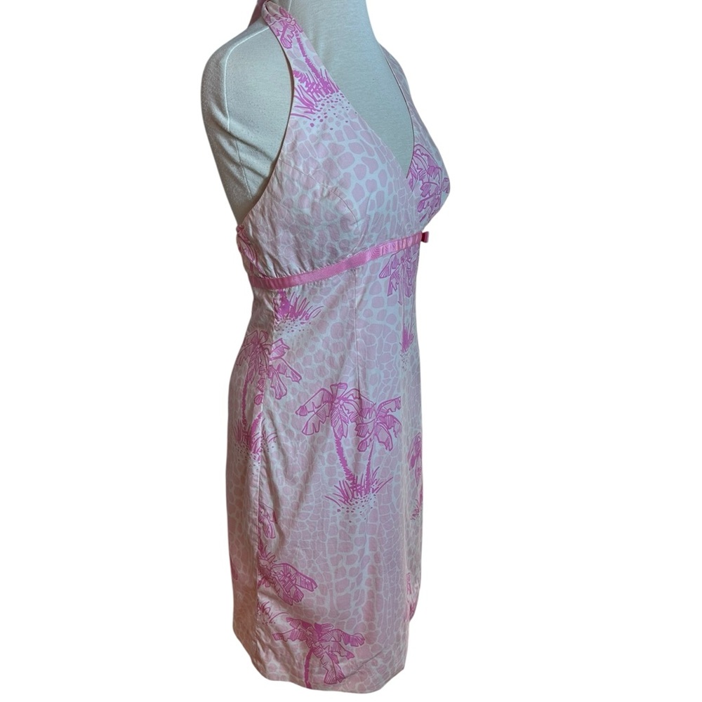 Lilly Pulitzer Vintage Y2K Pink Palm Tree Print With Bow Halter Mini Dress - Picture 4 of 10